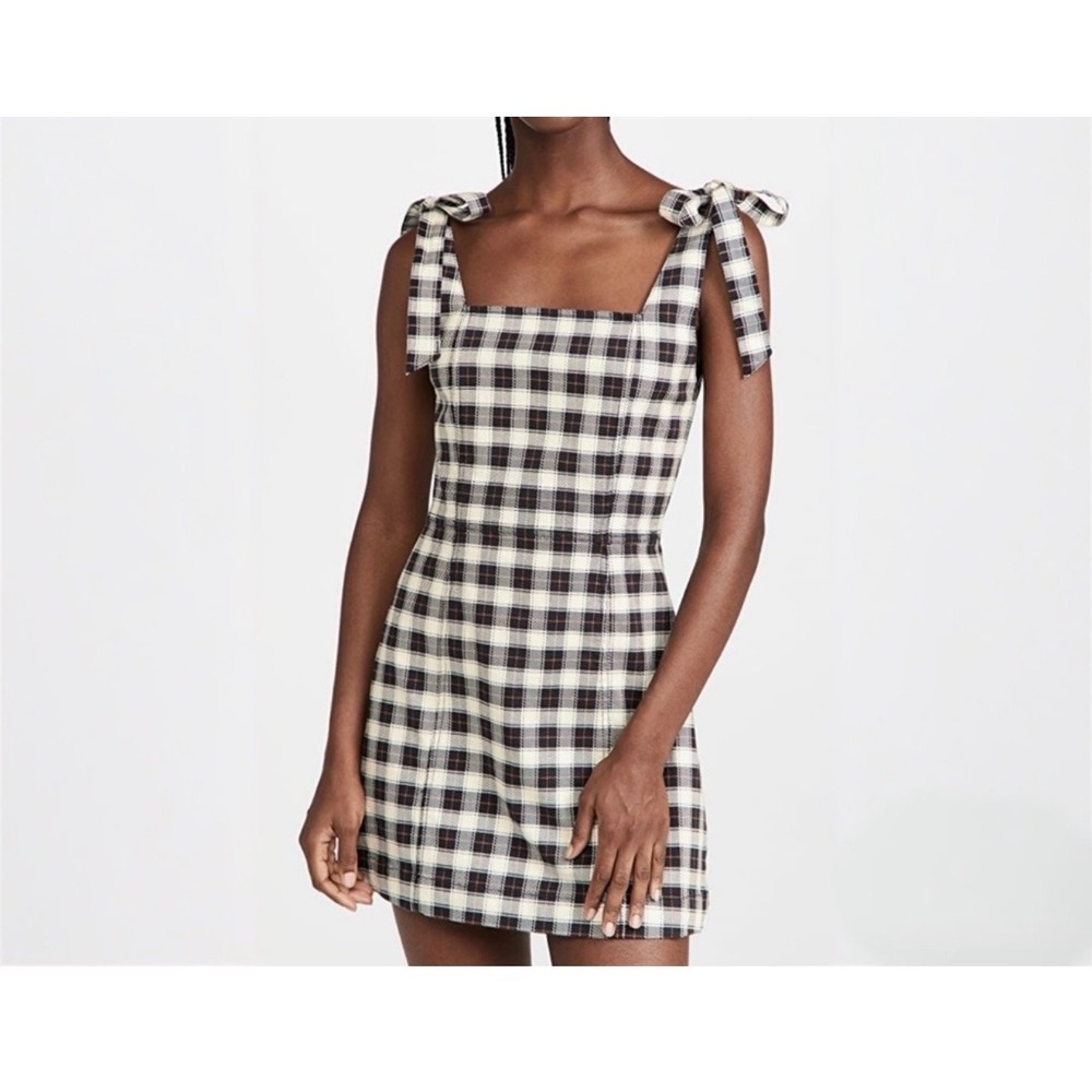 Alice + Olivia Black White Plaid Tie Shoulder Mini Dress Square Neck Size 0